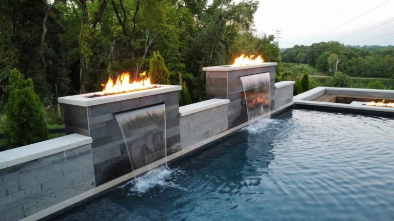 Backyard fire pit with luxury pool in Nashville.