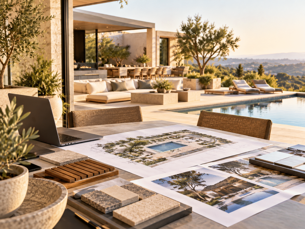 Pool design plans and material samples on an outdoor table